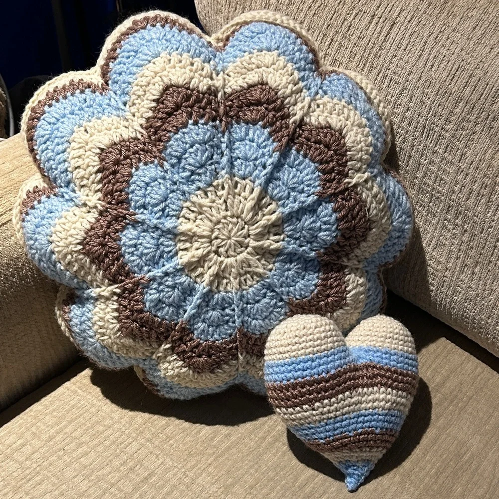 Crochet Flower and Heart Pillow Set